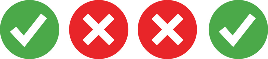 Fototapeta premium Green check marks and red X icons representing correct and incorrect choices for UI feedback, quiz answers, and decision indicators