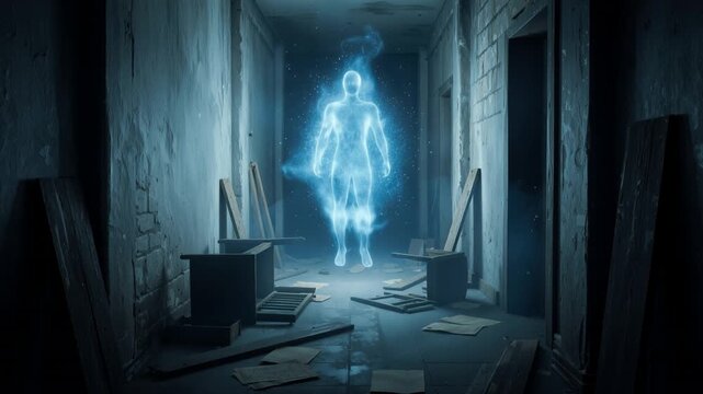 Ghostly figure composed of blue particles materializing in abandoned industrial office. Concrete floor with scattered documents and desks. Static lockdown shot.