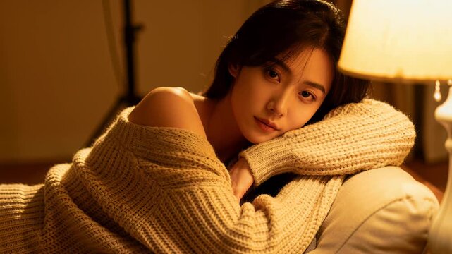 Woman reclines on a sofa under warm lamp light wearing a chunky knitted sweater and gazes at the camera with a relaxed expression. The dim blurred background provides copyspace and an open dark area s