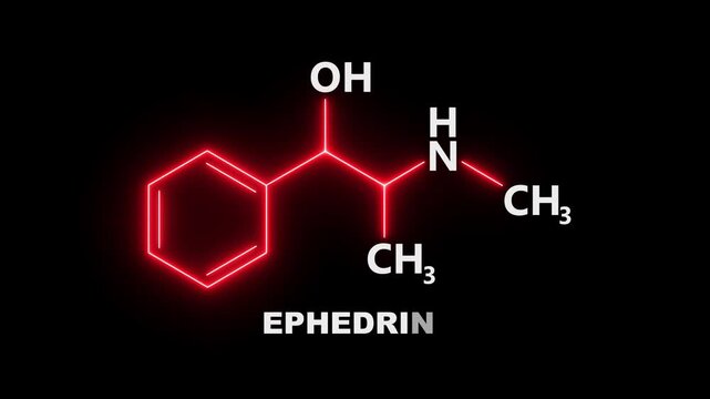 neon Ephedrine chemical Structure on black Background. glowing chemical formula of Ephedrine. Ephedrine Molecular Structure Symbol icon Animation. Ephedrine Molecule Structure icon.