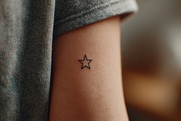 Star Tattoo on Arm: An intimate capture of a minimalistic star tattoo delicately etched on a human arm, showcasing a personal expression of artistry and self-expression.