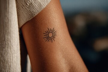 Ink of the Sun: A close-up view captures the artistic detail of a small sun tattoo etched on a human arm, symbolizing life's radiant beauty and enduring warmth.