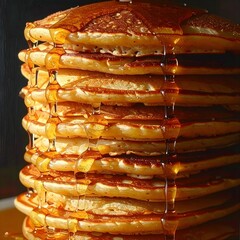 Nahaufnahme eines Stapels k&ouml;stlicher Pfannkuchen, betr&auml;ufelt mit Ahornsirup.