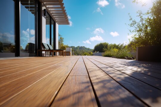 Warm-toned tropical hardwood decking enhances contemporary exterior with clean architectural lines