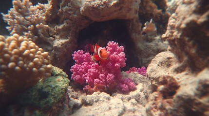 A vibrant clownfish swims near pink coral in a marine habitat, with rocky formations