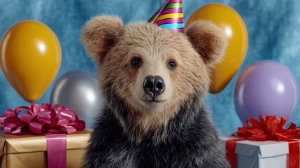 Adorable bear wearing colorful party hat, surrounded by festive balloons and wrapped gifts, celebrating a joyful occasion with a playful and cheerful atmosphere