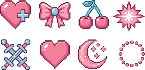 Set of eight pink pixel art icons including hearts, bows, cherries, moon, sparkle, and swords for retro vector design.