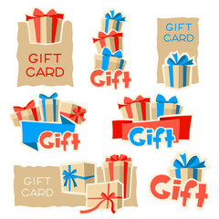 Set of gift cards or coupons. Craft presents gift boxes for celebration, discounts or promotions.
