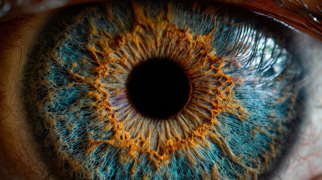 A very close-up view of the human eye with highly detailed iris patterns and vibrant colors.