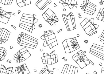 Illustration of gift box. Black line presents gift boxes for celebration, discounts or promotions.