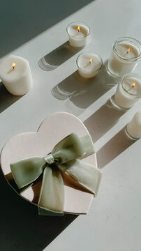 Elegant Valentine heart-shaped  gift and candles on a minimal backdrop