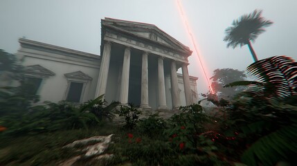A weathered classical building with columns, overgrown with vegetation, bathed in a hazy, red glow