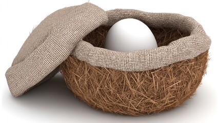 Close-up of a white egg nestled in a woven straw basket with a burlap top beside it
