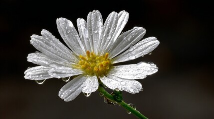 Close-up of a white flower with yellow center, water droplets. Dark background, detail, nature beauty