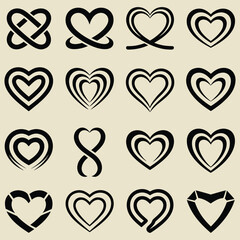 Collection of 16 black and tan stylized heart icons and symbols for love, romance, and valentines day