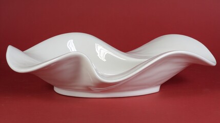 Close-up of a white, wavy-edged ceramic bowl against a red background