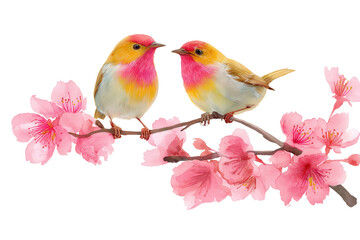 Charming Robins on a Cherry Blossom Hand Drawn Watercolor Illustration