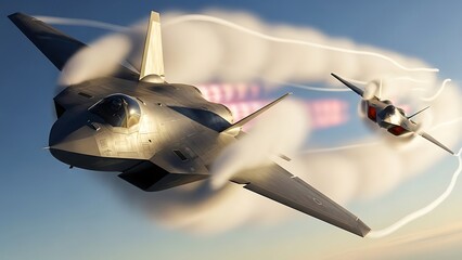 Two modern stealth fighter jets performing high speed maneuvers in sky