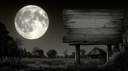 A weathered wooden sign stands under a bright full moon, rural landscape