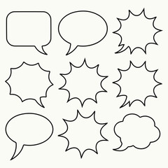 Set of nine different blank speech bubbles and comic book style callouts outline icons for text or dialogue