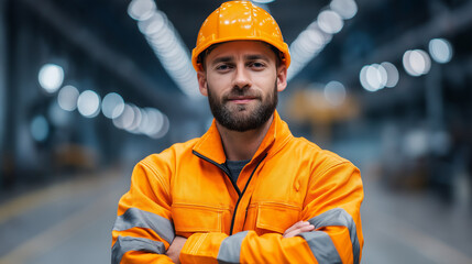 Confident male industrial worker in orange protective gear and hard hat