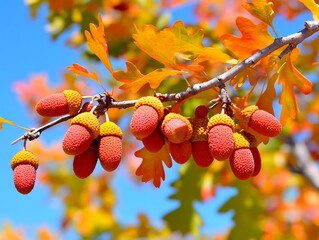 Close-up of acorn cluster with colorful autumnal foliage against a clear blue sky