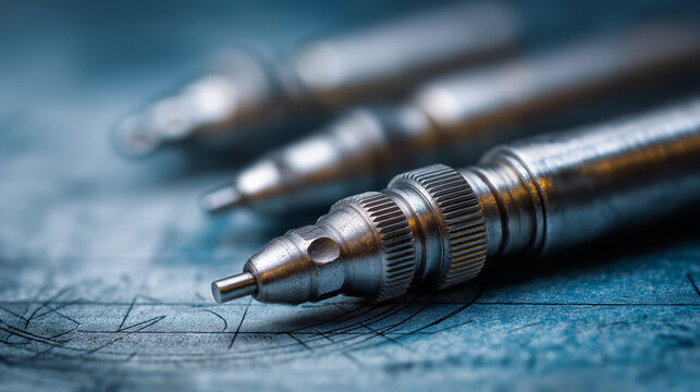 Precision Technical Drawing Pens Lying on a Blue Architectural Blueprint