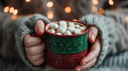 Hands holding festive mug of hot chocolate with marshmallows and bokeh lights in background