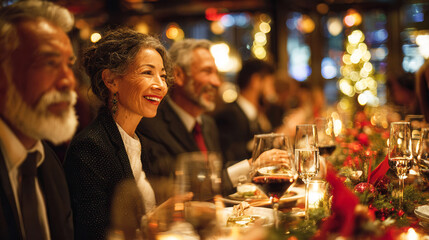 Elegant holiday dinner party with senior guests enjoying festive atmosphere and candlelit table