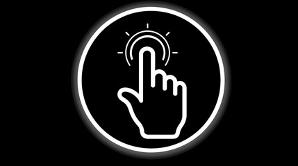 A white hand icon, touching a button, illuminated on a black background, in a circular frame