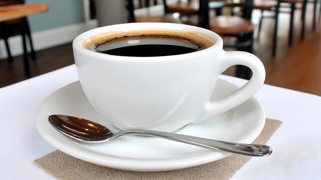 A white coffee cup on a saucer with a spoon on a table in a cafe, offering a rich black coffee - Powered by Adobe