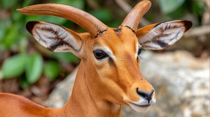 Close-up of an alert animal with curved horns, sharp ears, and detailed fur looking at viewer