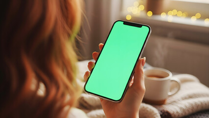 Hand holding mobile smartphone with blank green screen chroma key for mockup in redhead woman hand with steaming cup and bokeh lights background for winter holiday app display