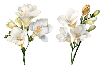 Obraz premium White Freesia Flowers Hand Drawn Watercolor Flowers Illustration
