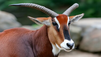 Close-up of an antelope with curved horns, brown coat, and a distinctive facial pattern