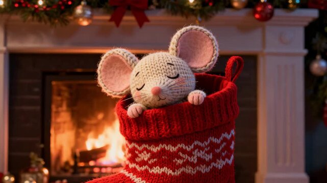  a tiny knitted mouse toy tucked inside a red and white knitted Christmas stocking hanging by a roaring fireplace, conveying a cozy and charming holiday scene