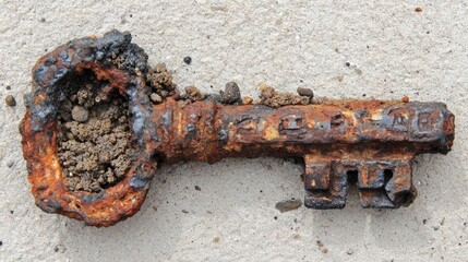 Close-up of an old, weathered, and rusty key lying on light-colored sand