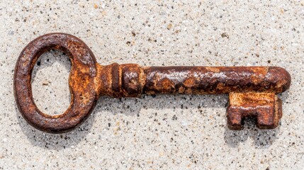 Close-up of an old, rusty metal key lying horizontally on a rough, textured concrete surface