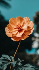 Close-up of an orange cosmos flower in full bloom, with a deep green background
