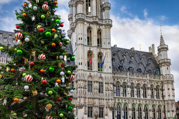 A decorated Christmas Tree in front of the City Hall at the Grand Place in Brussels, Belgium, for the festive season
