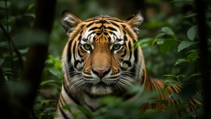 Obraz premium Intense Gaze of a Bengal Tiger Staring Directly Through the Dense Indian Jungle Foliage