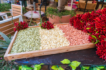 Handmade pasta Orechhiette in the old town of Bari in Puglia in Italy