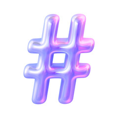 Holographic glossy 3D hashtag symbol in a soft purple gradient style. A modern social media tag icon for digital communication, marketing, posts, UI/UX design, mobile apps, branding and creative graph
