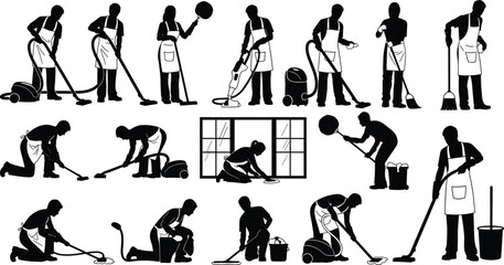 Cleaning activity icon set, black silhouette figures with tools performing domestic and professional tasks, cad drawing flat vector illustration