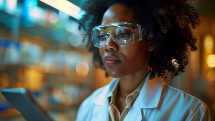 Scientific Focus: An astute scientist, immersed in a high-tech lab environment, wears protective eyewear and delves into data on a digital tablet.