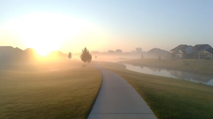 A winding pathway through a suburban landscape bathed in morning mist with a radiant sunrise