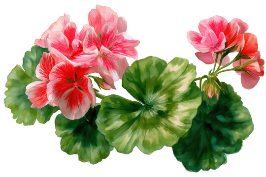 Hand Drawn Watercolor Pink Geranium Flower Illustration. A vibrant depiction of a blooming pink and white pelargonium with its distinctive large, rounded green leaves.