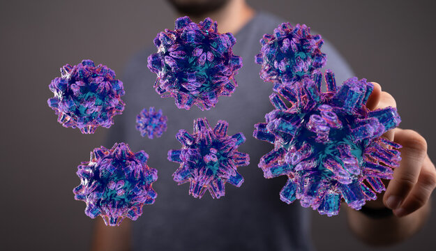 Illustration of viruses floating near hand, concept of medical research, disease, microbiology, health and imm