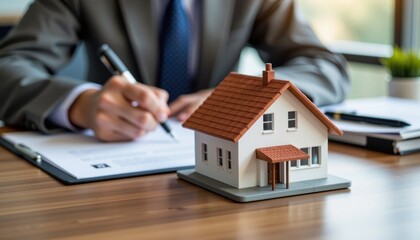 Residential property planning and legal signing process in an office environment for effective management