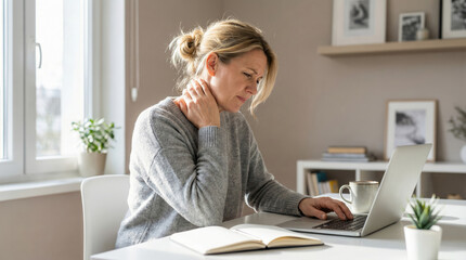 Woman with neck pain working at laptop in bright home office with natural light and workspace accessories. Digital work stress, Health, lifestyle and workplace balance.